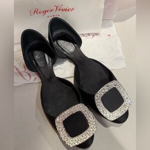 Roger Vivier Black Satin D'Orsay Flats with Crystal Buckles
